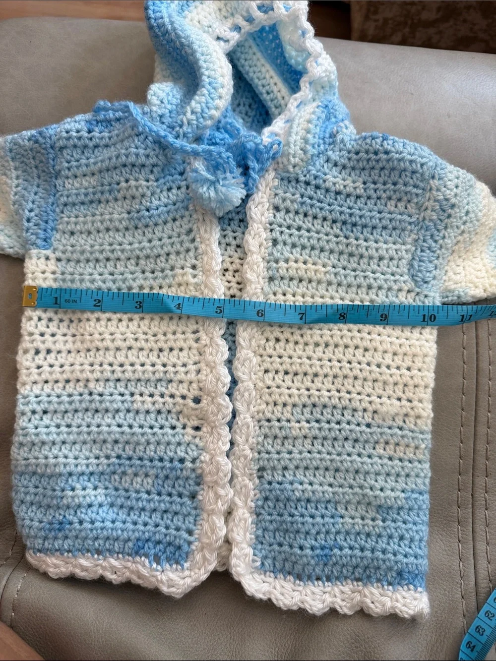 Handmade Blue and White Crocheted Hooded Coat